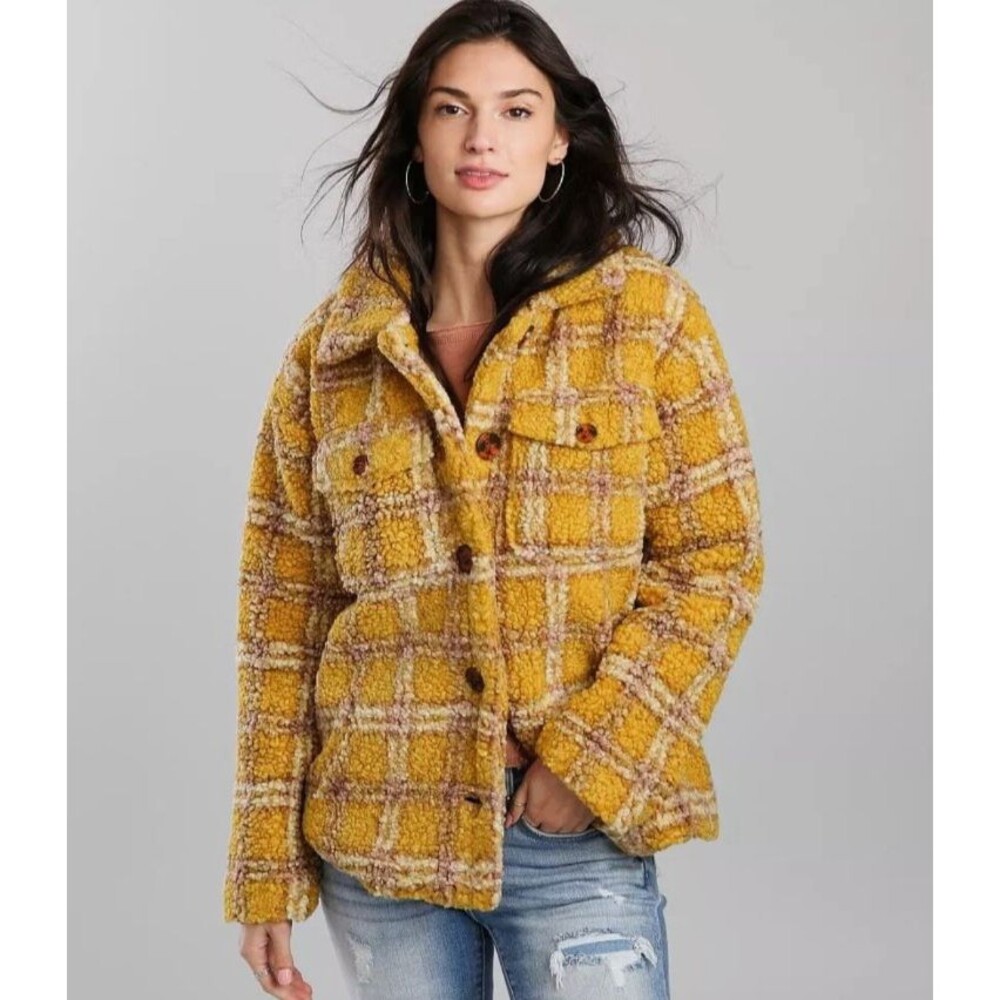 Anthropologie Driftwood Ryan Plaid Sherpa Jacket Shacket Womens Size M Retro
